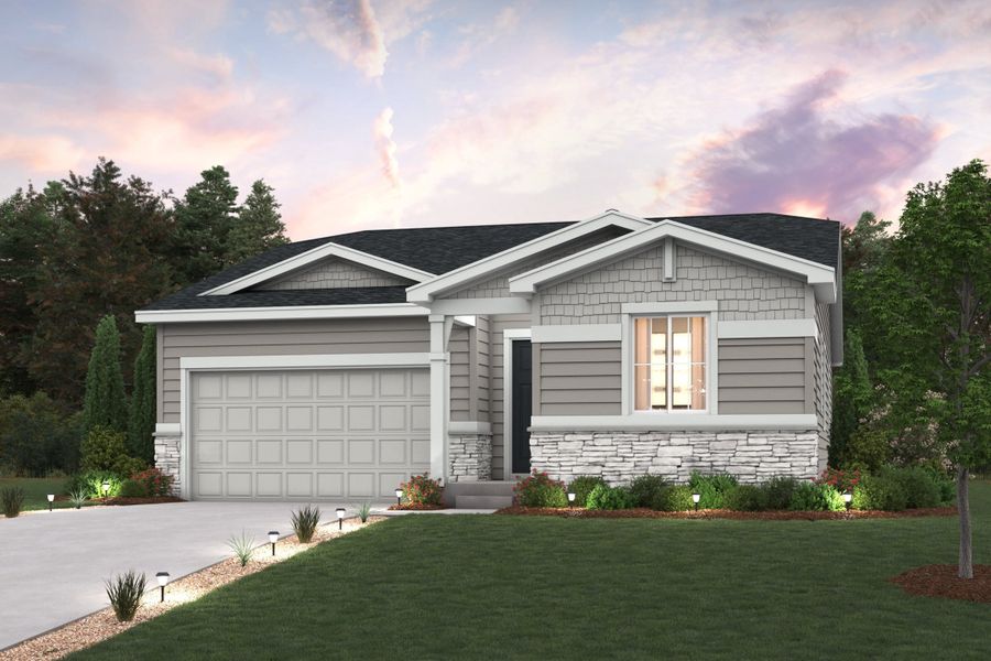 Front exterior of a new home in Spring Valley Ranch, Elizabeth, CO, highlighting curb appeal (Image 1). Front exterior of a new home in Spring Valley Ranch, Elizabeth, CO, highlighting curb appeal (Image 1).