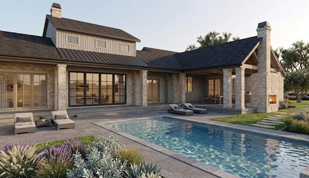 Back elevation of home. Pool is not included with purchase.