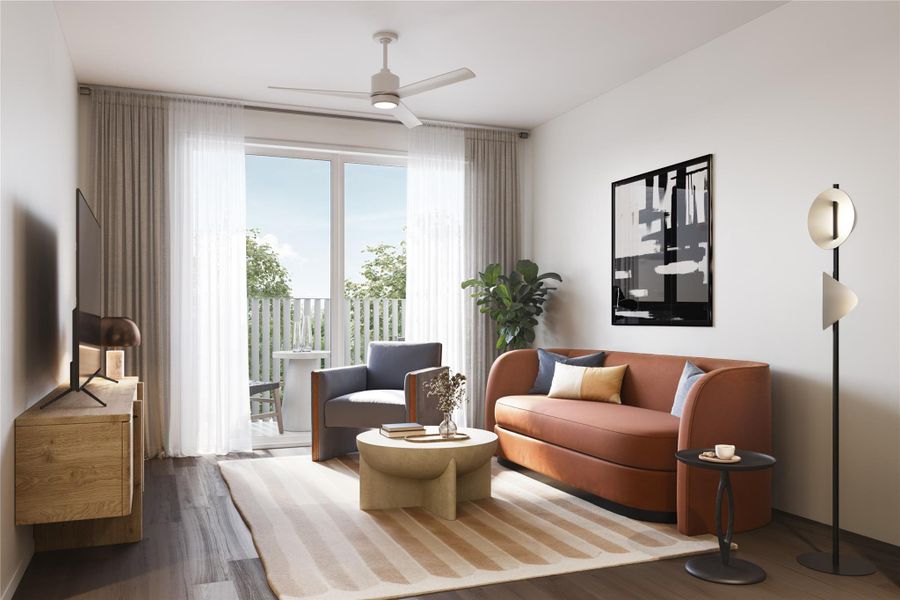 The living room is fully furnished with Williams Sonoma selections, featuring hotel level fabrics and curated accents throughout.