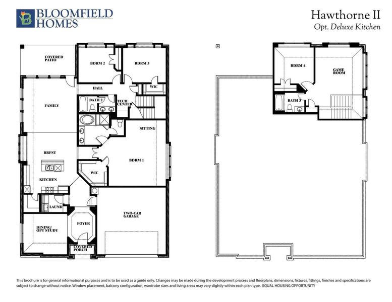 Bloomfield Homes Hawthorne II floor plan with 4 bedrooms, game room, two-car garage, and optional deluxe kitchen layout.