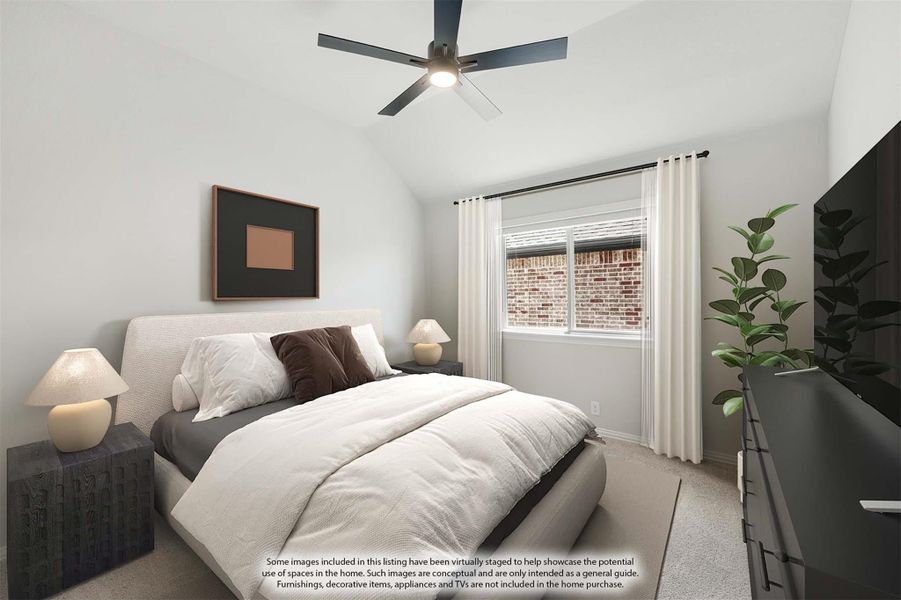 Bedroom with vaulted ceiling, ceiling fan, carpet flooring, and a window with white curtains