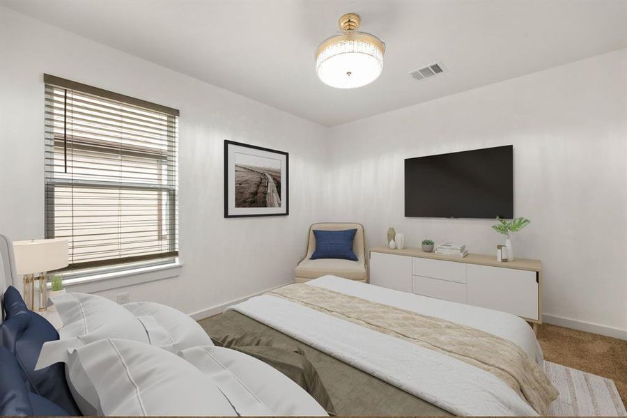 Secondary bedroom features plush carpet, neutral paint, custom lighting and a large window with privacy blinds.