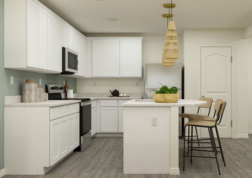 Rendering of a kitchen with white cabinets and granite countertops
