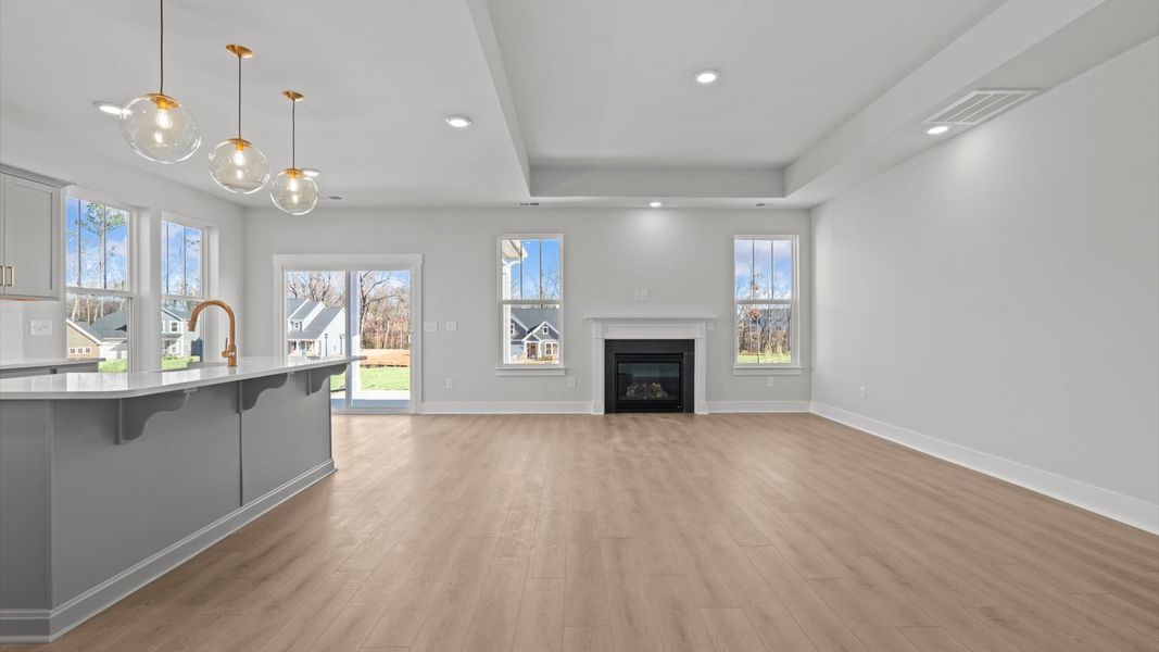 Elegant family room with fireplace, hardwood flooring, and open-concept flow in this first-class DRB Homes design