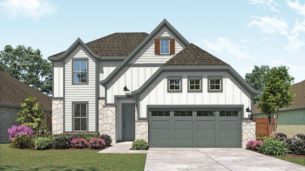 Representative exterior photo of a completed home built from the Hickory by DRB Homes in Parkside on the River, Georgetown, TX (Image 7). Representative exterior photo of a completed home built from the Hickory by DRB Homes in Parkside on the River, Georgetown, TX (Image 7).
