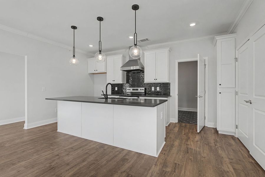 Carothers Farms Town Center Homes (Condos) Kitchen with Island and Accent Lighting