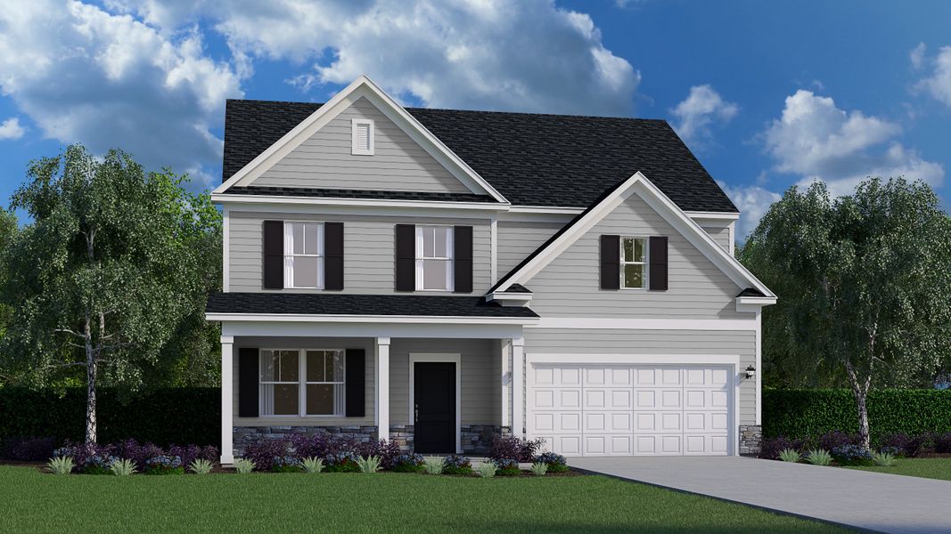 Front exterior of a new home in Halton Oaks, Roebuck, SC, highlighting curb appeal (Image 1). Front exterior of a new home in Halton Oaks, Roebuck, SC, highlighting curb appeal (Image 1).