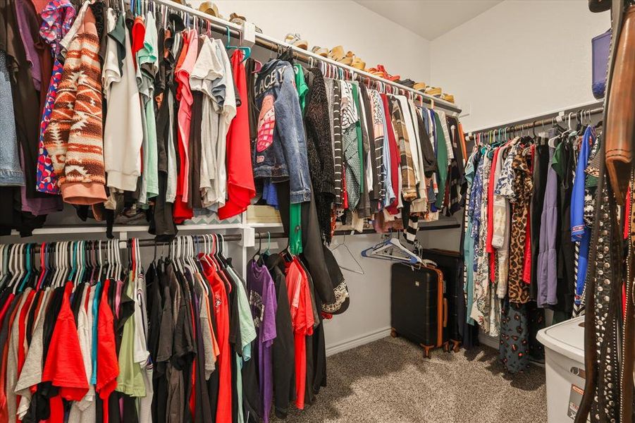 Walk in closet with carpet flooring Walk in closet with carpet flooring