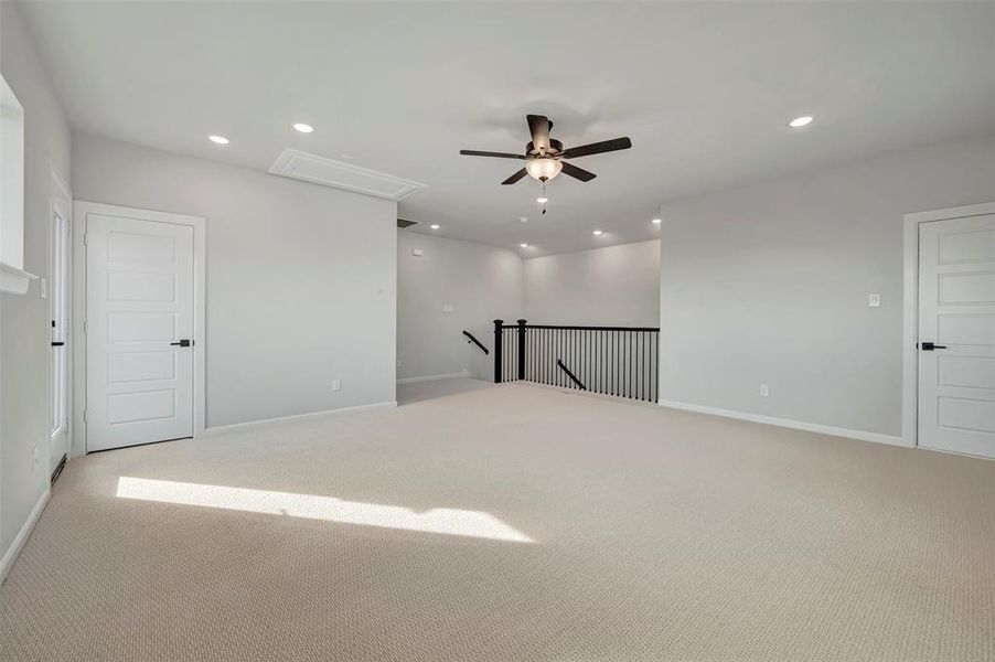 Unfurnished room with recessed lighting, carpet, and ceiling fan Unfurnished room with recessed lighting, carpet, and ceiling fan