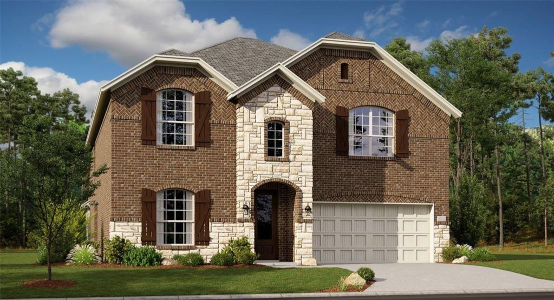 View of front facade featuring a garage and a front yard