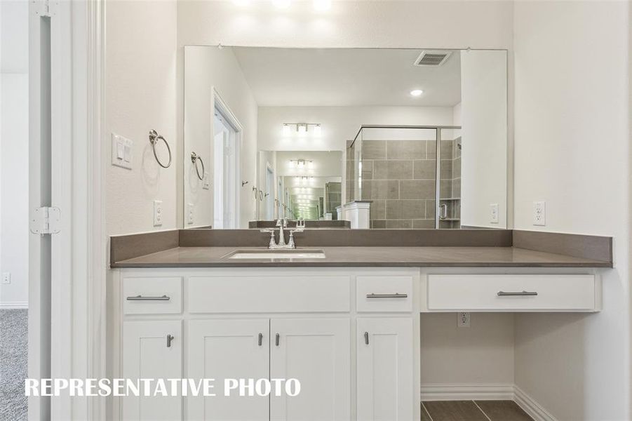 With plenty of storage space and a vanity seating area, you will love everything that this exceptional owner's bath has to offer!  REPRESENTATIVE PHOTO