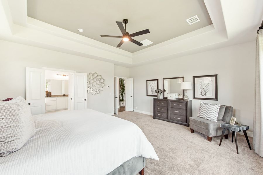 Master bedroom with tray ceiling, ceiling fan, carpet floors, and ensuite bathroom access Master bedroom with tray ceiling, ceiling fan, carpet floors, and ensuite bathroom access