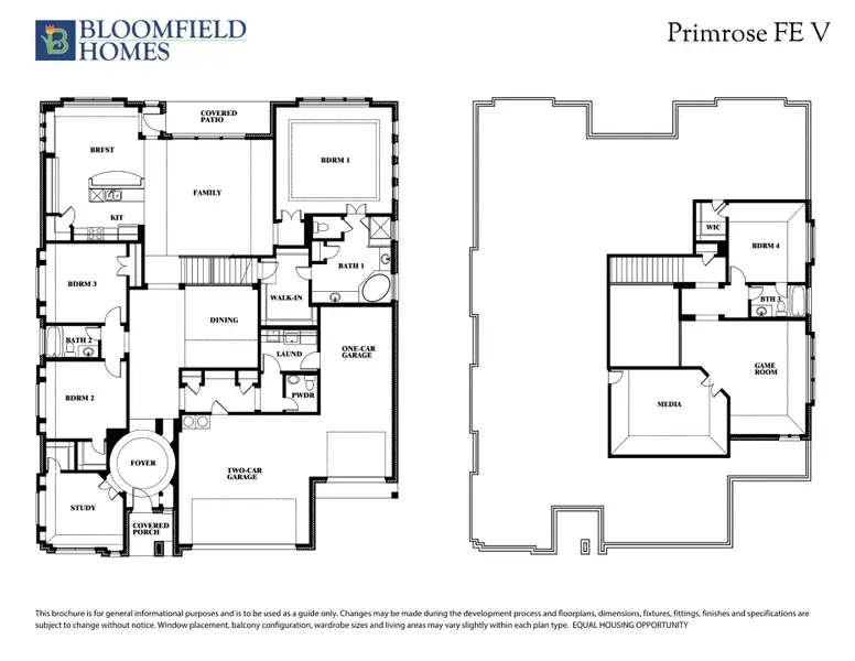 Bloomfield Homes Primrose FE V two-story floor plan with four bedrooms, media room, game room, and two-car garage. Bloomfield Homes Primrose FE V two-story floor plan with four bedrooms, media room, game room, and two-car garage.