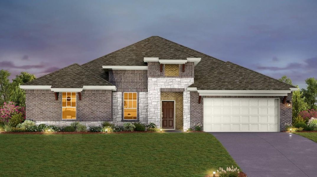 Front exterior of a new home in The Estates at La Cima, San Marcos, TX, highlighting curb appeal (Image 2). Front exterior of a new home in The Estates at La Cima, San Marcos, TX, highlighting curb appeal (Image 2).