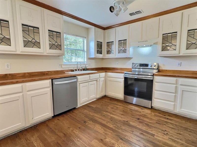 Kitchen featuring glass insert cabinets, wooden counters, stainless steel appliances, and dark wood finished floors