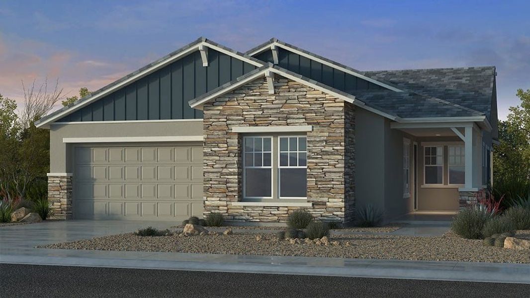 Front exterior of a new home in Ellsworth Ranch, Queen Creek, AZ, highlighting curb appeal (Image 1). Front exterior of a new home in Ellsworth Ranch, Queen Creek, AZ, highlighting curb appeal (Image 1).