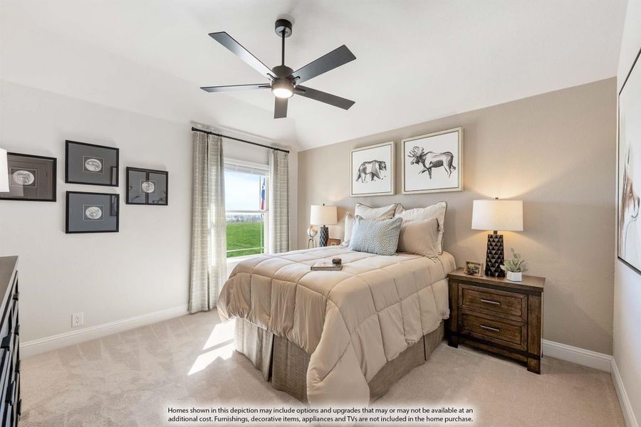 Bedroom with ceiling fan, carpet flooring, neutral walls, and a window with natural light