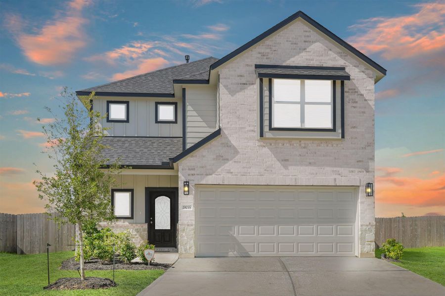 Front exterior of a new home in Grand Oaks Village, Houston, TX, highlighting curb appeal (Image 15). Front exterior of a new home in Grand Oaks Village, Houston, TX, highlighting curb appeal (Image 15).