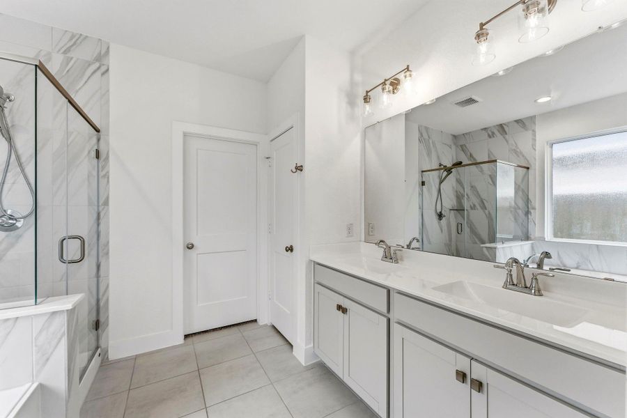 Double sinks and a walk-in closet