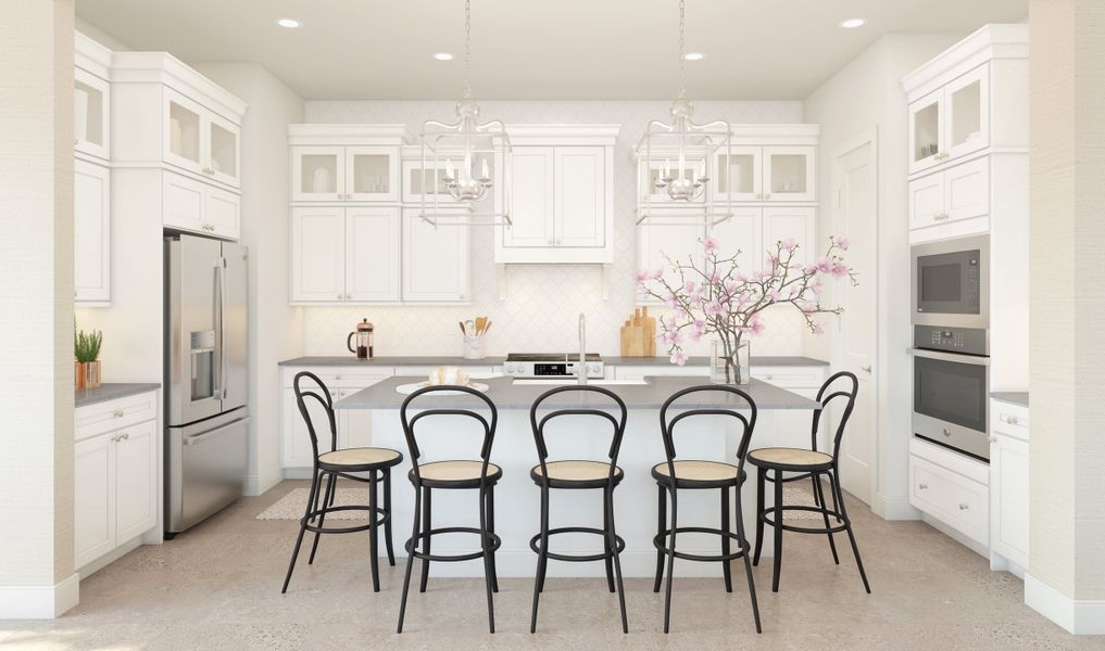 Kitchen with stacked glass-front upper cabinets