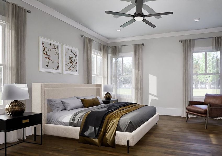 A cozy bedroom featuring a ceiling fan above a neatly made bed, creating a comfortable and inviting atmosphere.