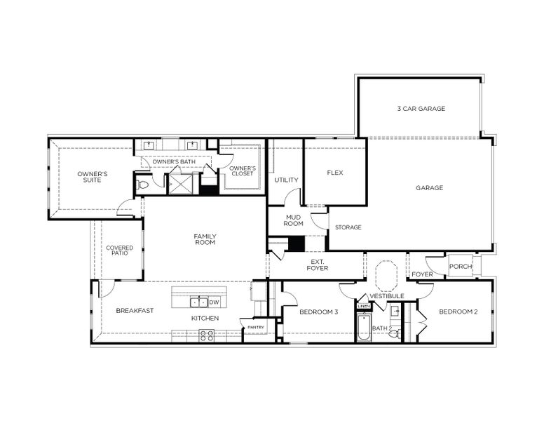 2D floor plan layout for the Melbourne by Tricoast Homes in Lago Mar  50'  &  55', Texas City, TX (Image 3).