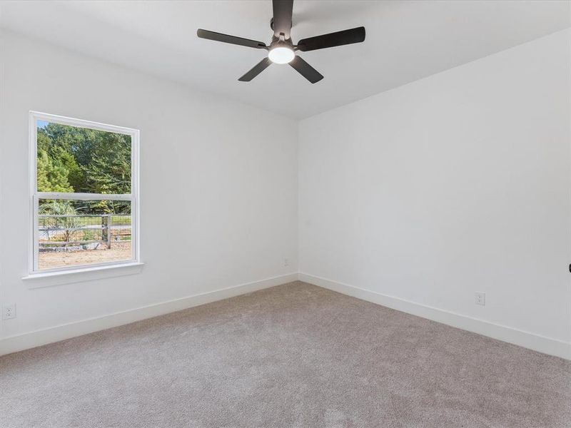 Empty room featuring carpet floors and a ceiling fan