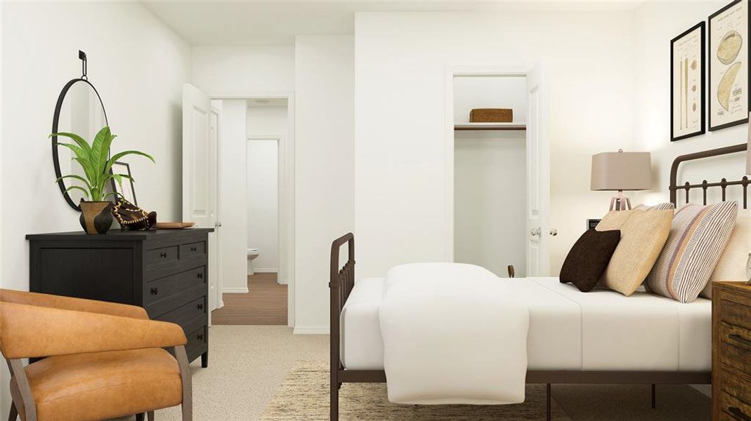 Carpeted bedroom with a closet