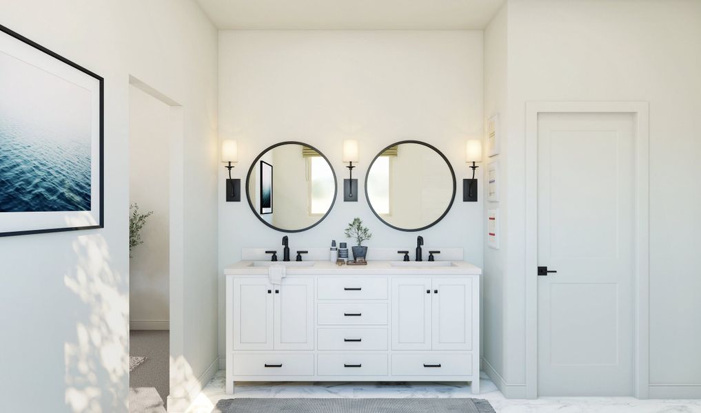 Primary bath features freestanding vanity with dual sinks