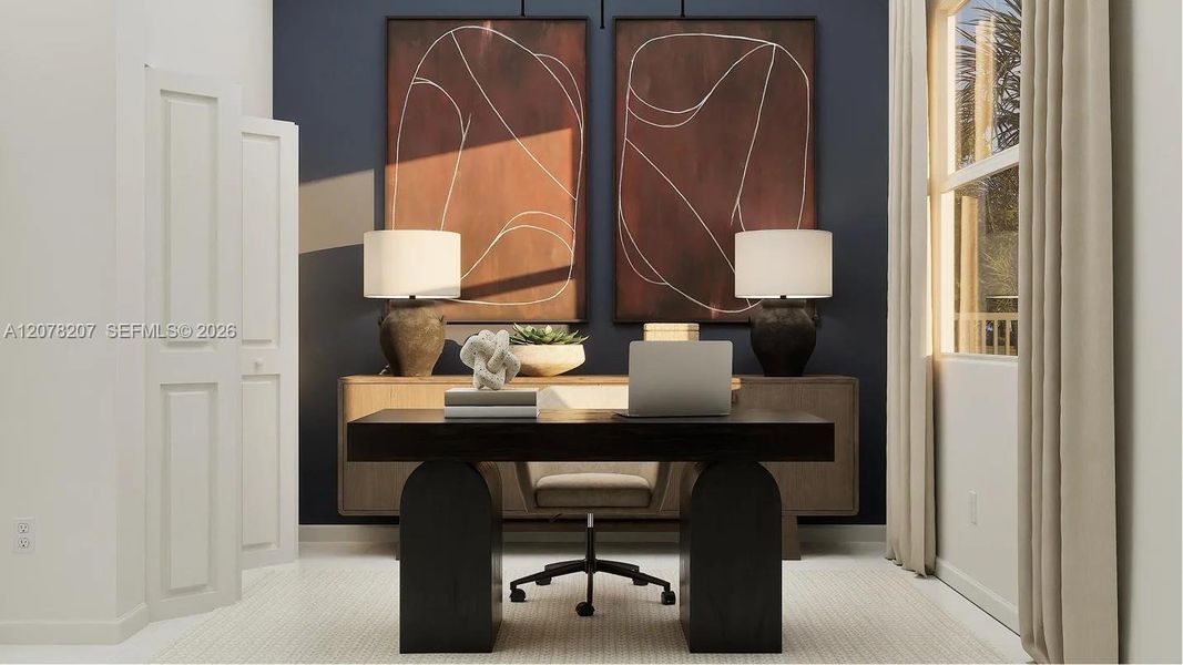 This first-floor bedroom offers a flexible space perfectly suited as a guest suite or home office.