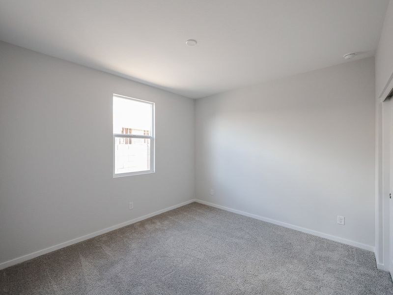 A room with a carpet and windows.