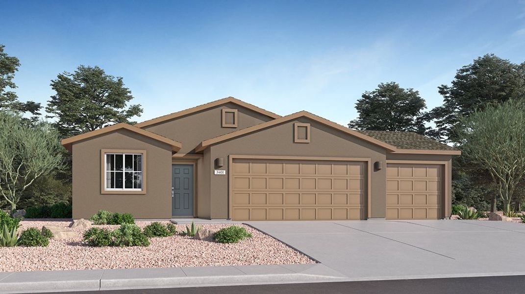 Front exterior of a new home in Sycamore Canyon: Dream Series, Vail, AZ, highlighting curb appeal (Image 1).