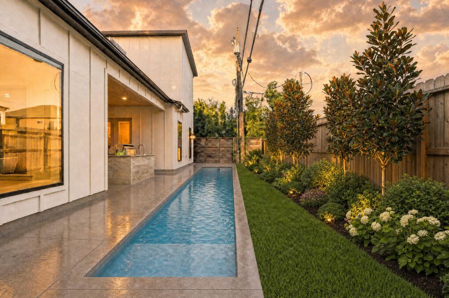 Imagine ending every day with a refreshing plunge pool, lush landscaping, and a resort-style backyard designed for relaxing and entertaining. Disclosure: Conceptual only, not a survey. Buyer's reps should confirm feasibility with a licensed surveyor before relying on this. No liability if it doesn't fit.