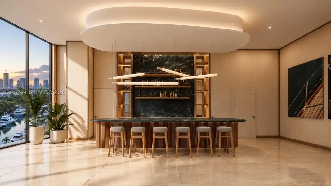 Custom bar featuring a stone countertop, tiered shelving with integrated lighting, a dark stone backsplash, and a curvilinear drop ceiling with suspended linear pendant fixtures Custom bar featuring a stone countertop, tiered shelving with integrated lighting, a dark stone backsplash, and a curvilinear drop ceiling with suspended linear pendant fixtures