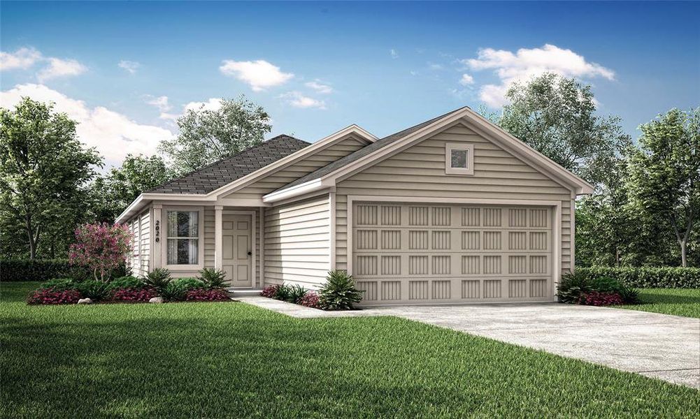 Ranch-style house featuring a front lawn and a garage