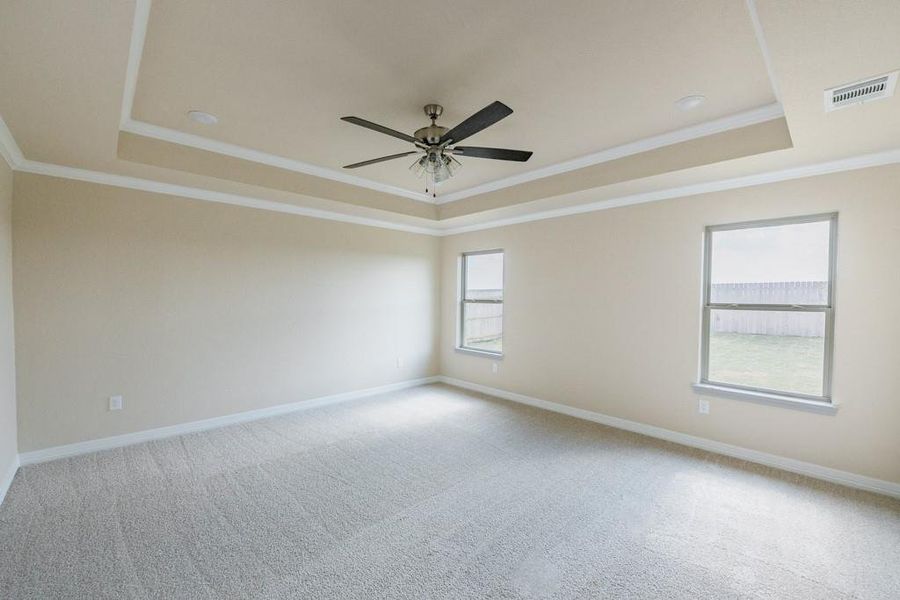 Unfurnished room with a tray ceiling, crown molding, light colored carpet, healthy amount of natural light, and ceiling fan Unfurnished room with a tray ceiling, crown molding, light colored carpet, healthy amount of natural light, and ceiling fan