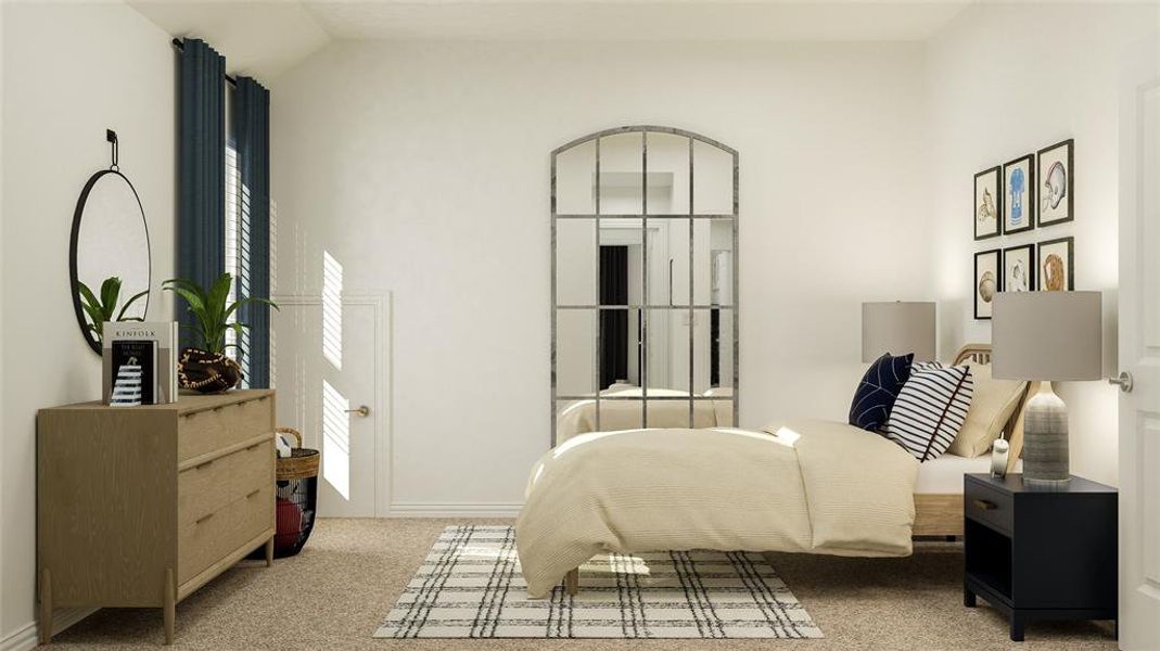 Carpeted bedroom featuring baseboards and vaulted ceiling Carpeted bedroom featuring baseboards and vaulted ceiling
