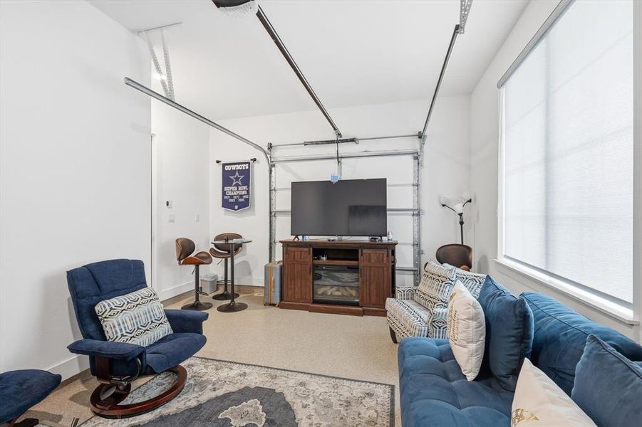 Single-bay garage set up as hangout or hobby space Single-bay garage set up as hangout or hobby space