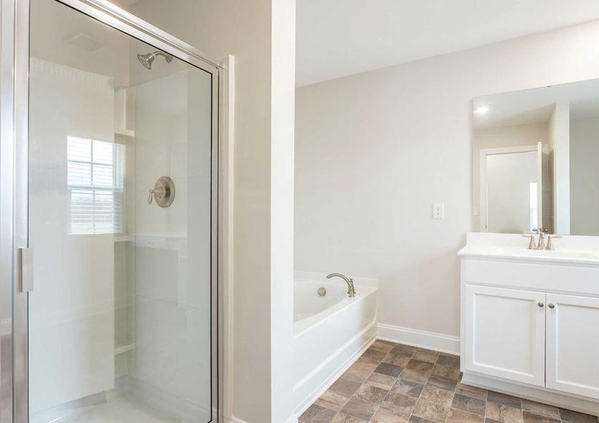 Hartford master bath with walk-in shower, bathtub, and white vanity