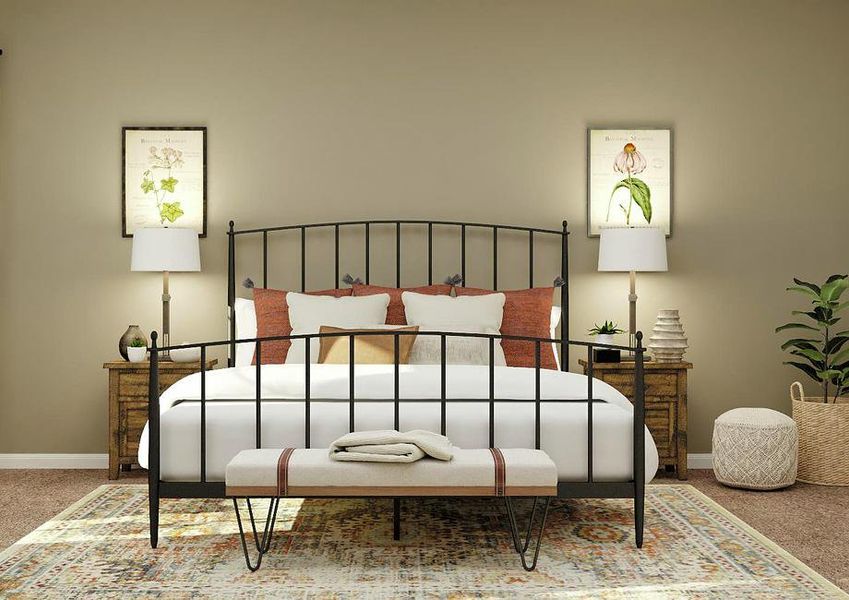 Rendering of the spacious master bedroom
  with rod iron bed, wood nightstands, with white armchair and windows visible
  on the left