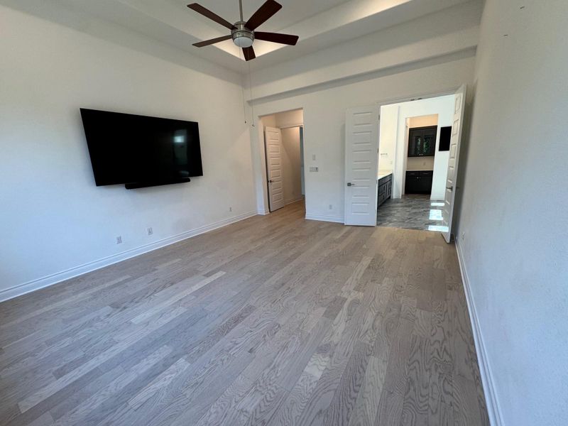 wood floors, healthy amount of natural light, tray ceiling, a ceiling fan, and recessed lighting