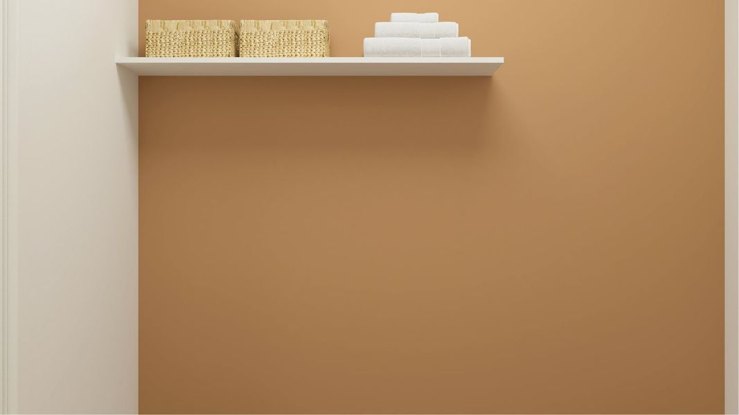 Laundry room with overhead shelving