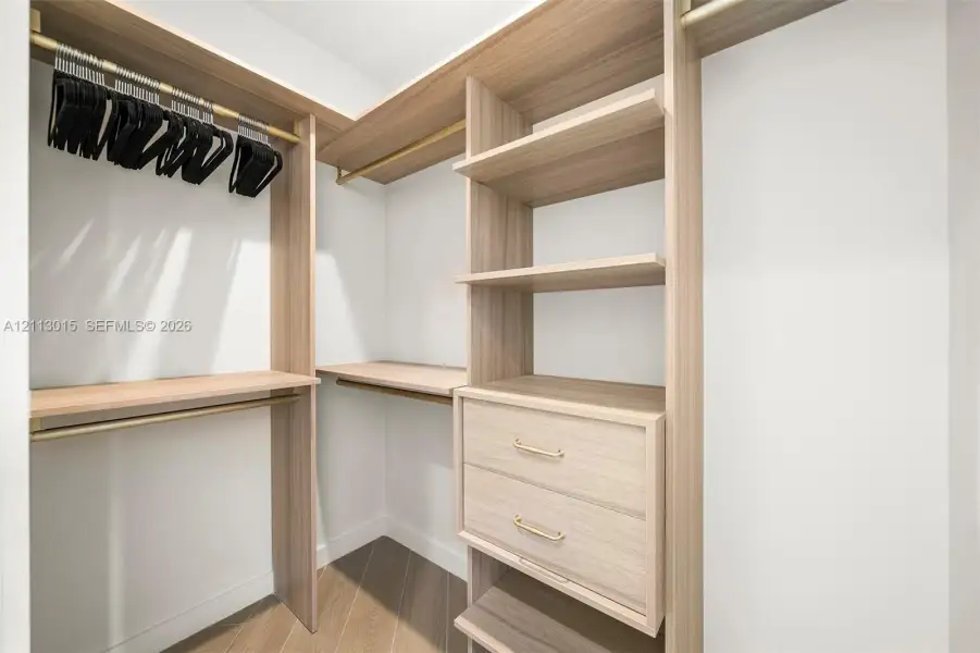 Custom reach-in closet featuring wood-finish cabinetry, built-in shelving, double drawers with gold-tone hardware, and integrated brass-finish garment rods