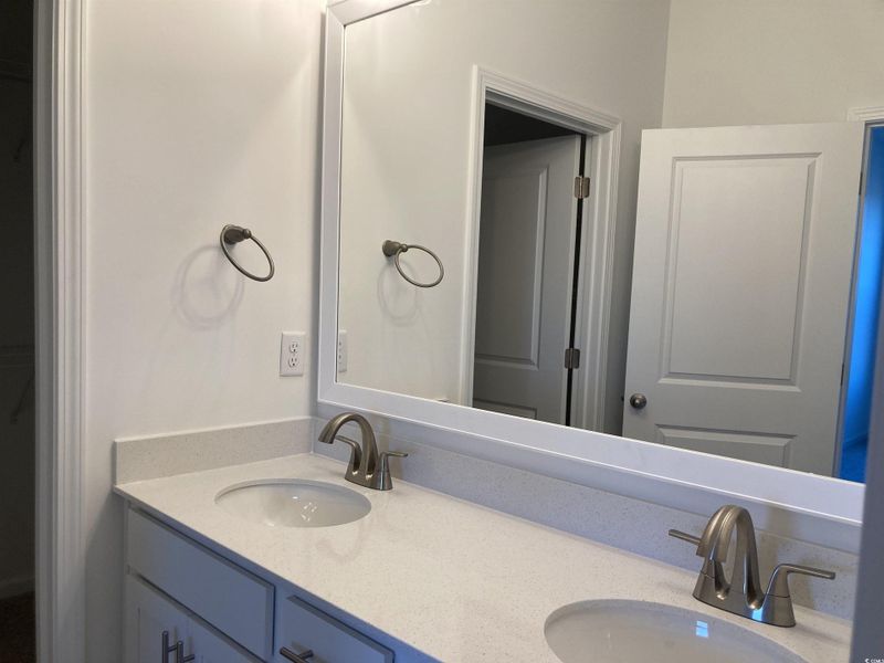 Bathroom with double vanity and a walk in closet