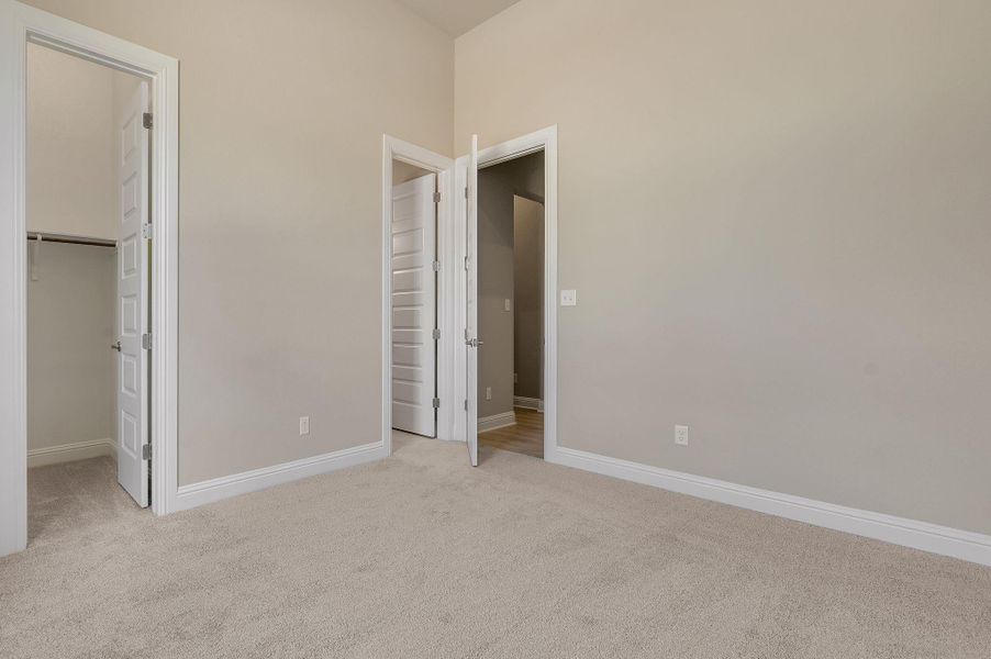 Unfurnished bedroom with a walk in closet and light carpet
