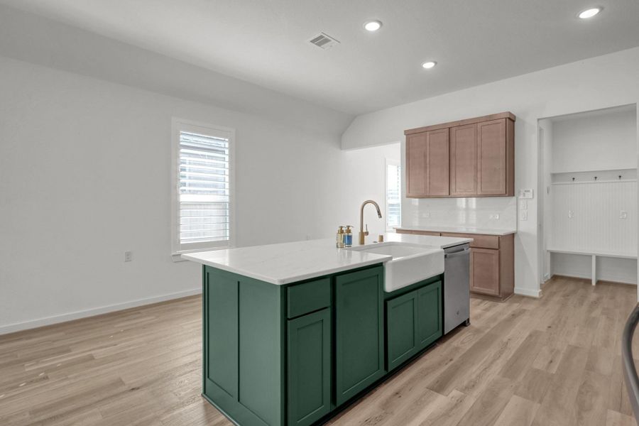 The island has a farm sink and upgraded gold tone faucet. There is also a pullout trash can cabinet for convenience.