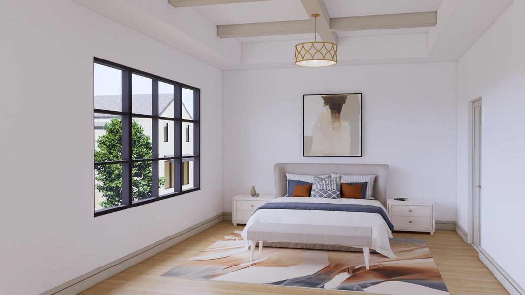 The primary suite is located on the first floor with elevated, beamed ceilings, and large windows overlooking the backyard.
