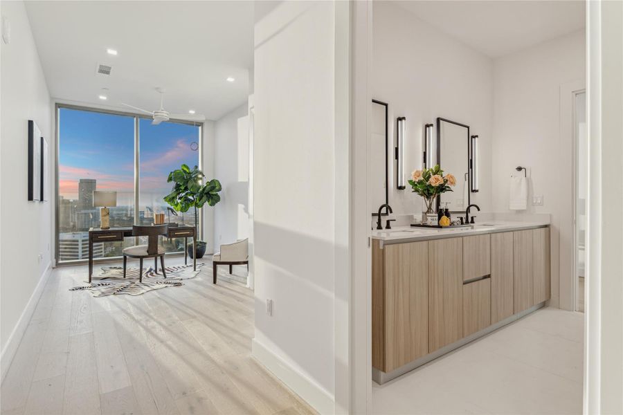 Flexible room that functions perfectly as a guest bedroom or home office, complete with a custom closet and stunning views. Flexible room that functions perfectly as a guest bedroom or home office, complete with a custom closet and stunning views.