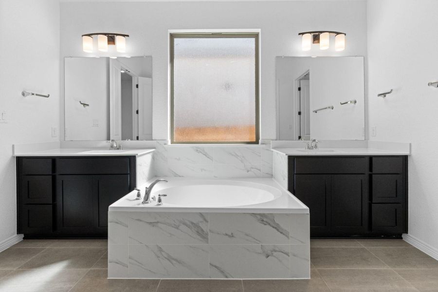 Primary Bath retreat with dual vanities & garden tub