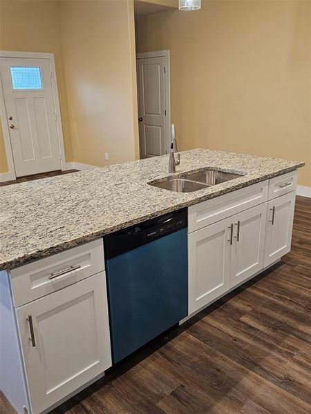 Kitchen with dark hardwood / wood-style flooring, stainless steel dishwasher, light stone countertops, white cabinetry, and sink